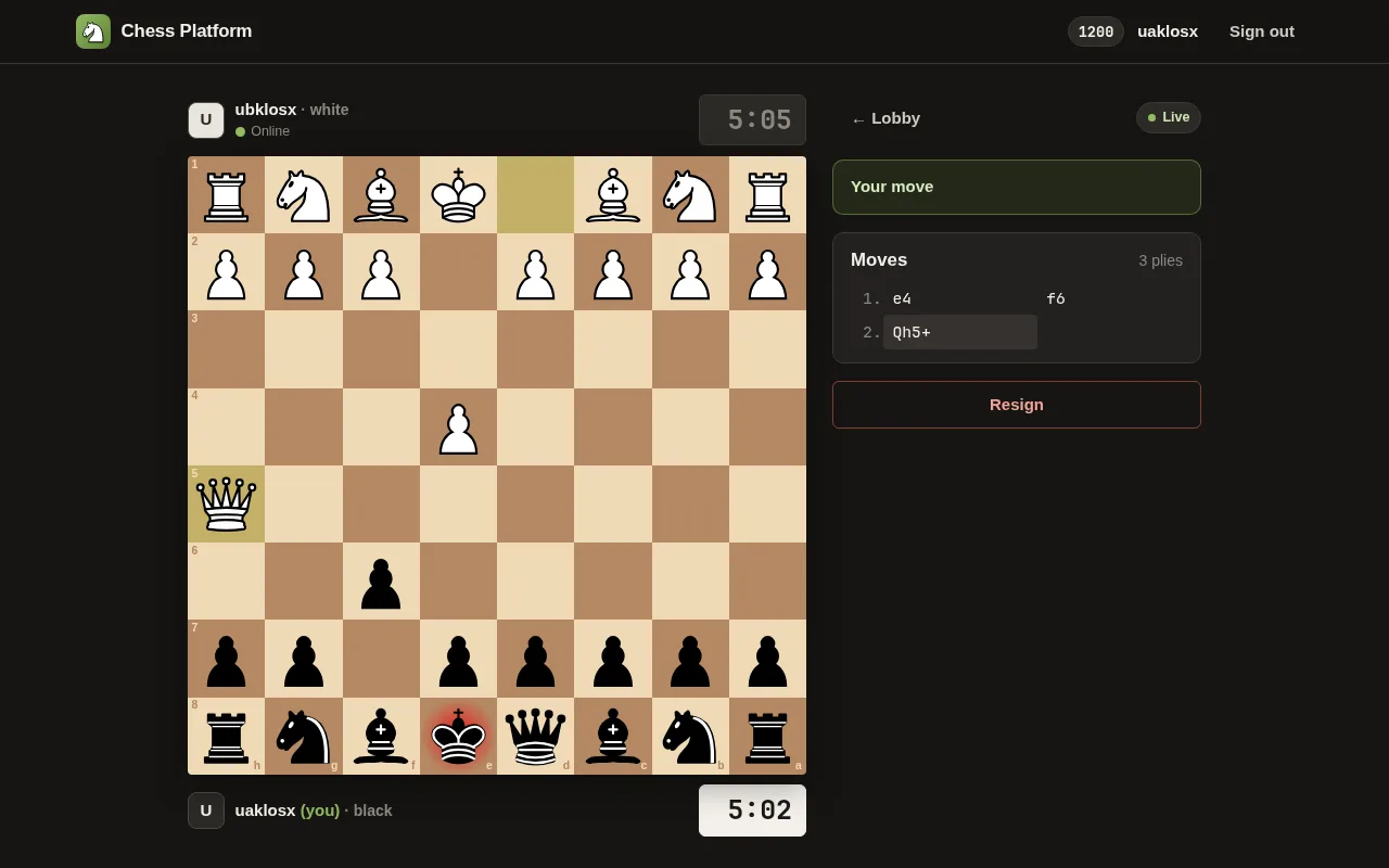 A game in progress: the board, both clocks and the move list